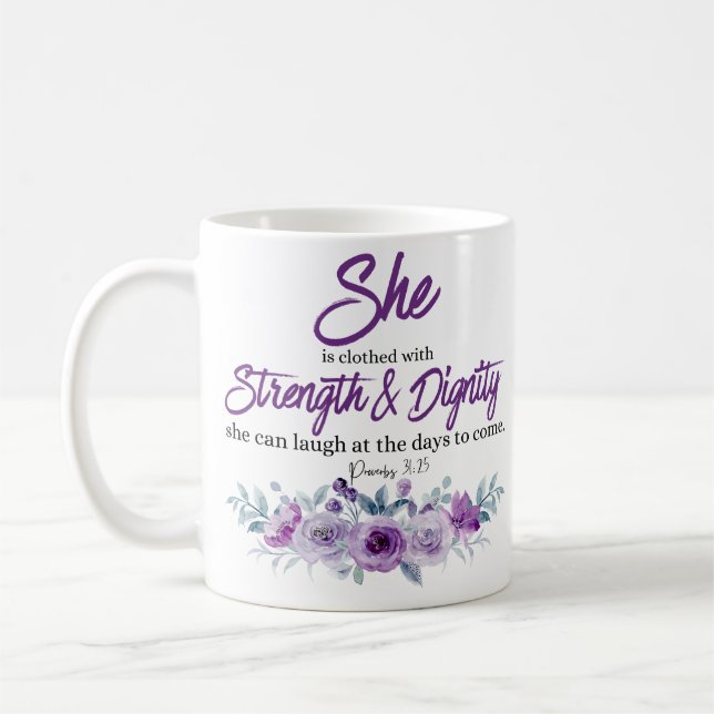 Proverbs 31:25 Sträng och värdighet Lila Flower Kaffemugg (Vänster)