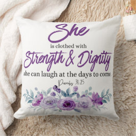 Proverbs 31:25 Sträng och värdighet Lila Flower Kudde