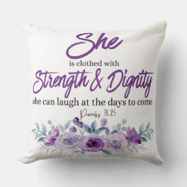 Proverbs 31:25 Sträng och värdighet Lila Flower Kudde