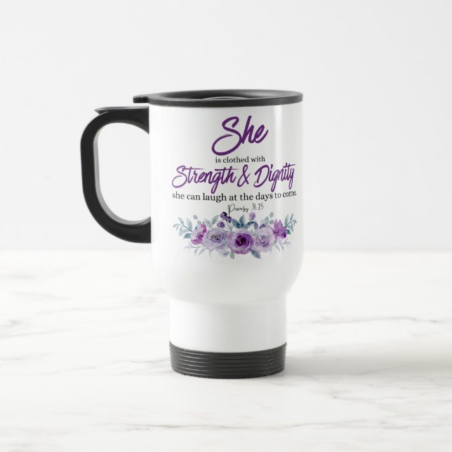 Proverbs 31:25 Sträng och värdighet Lila Flower Resemugg (Vänster)