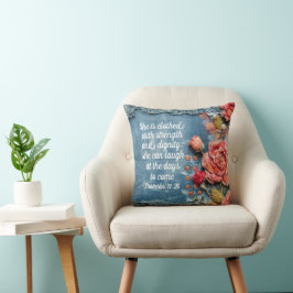 Proverbs 31:25 Throw Pillow Inspiring Bible Verse Kudde