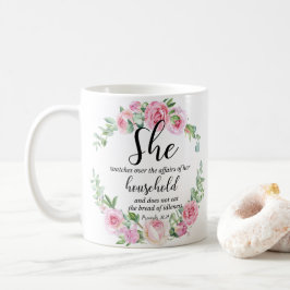 Proverbs 31:27 Mors dag Scripture Rosa Blommigt Kaffemugg