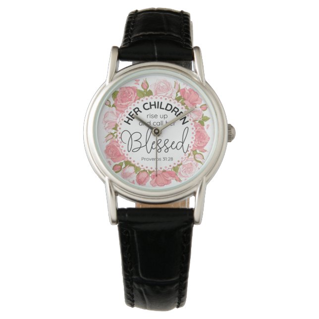 Proverbs 31:28 Mors dag Scripture Rosa Flowers Armbandsur (Framsida)