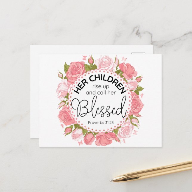 Proverbs 31:28 Mors dag Scripture Rosa Flowers Vykort (Fram/Back In Situ)
