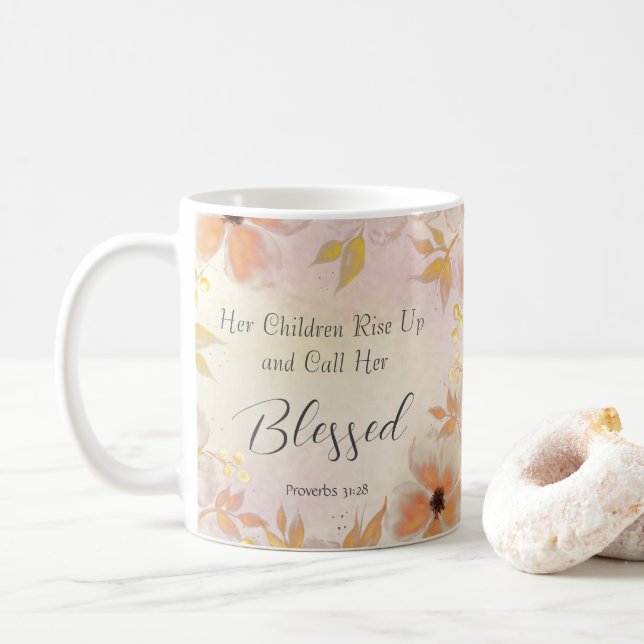 Proverbs 31:28 Orange Guld Fall Färgad Blommigt Kaffemugg (Med munk)