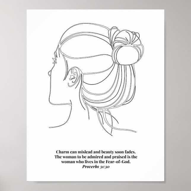 Proverbs 31:30 Womans Face Line Art Sketch Black a Poster (Framsidan)