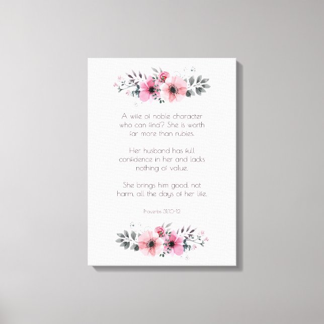 Proverbs 31 Woman Bible Verse med Rosa Flowers Canvastryck (Framsida)