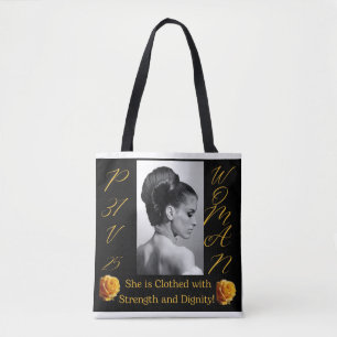 PROVERBS 31 WOMAN BLACK & GULT TOTE BAG TYGKASSE