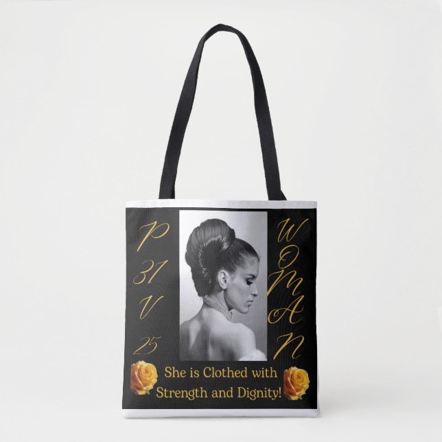 Proverbs 31 Woman Black & Gult Tote Bag Tygkasse (Framsida)