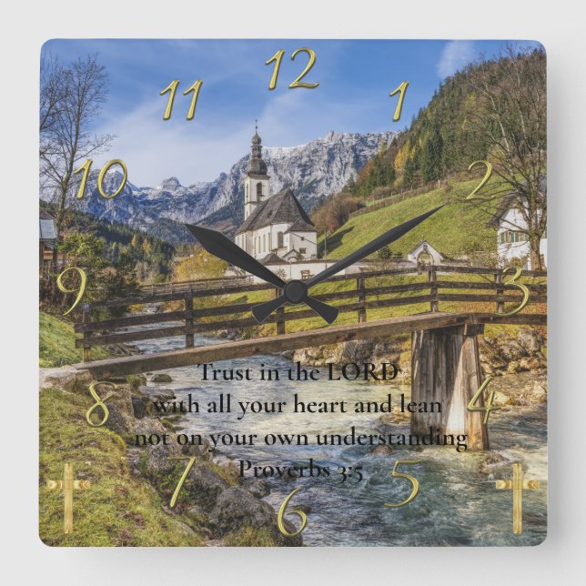 Proverbs 3:5 kyrka nära munnen fyrkantig klocka (Framsida)