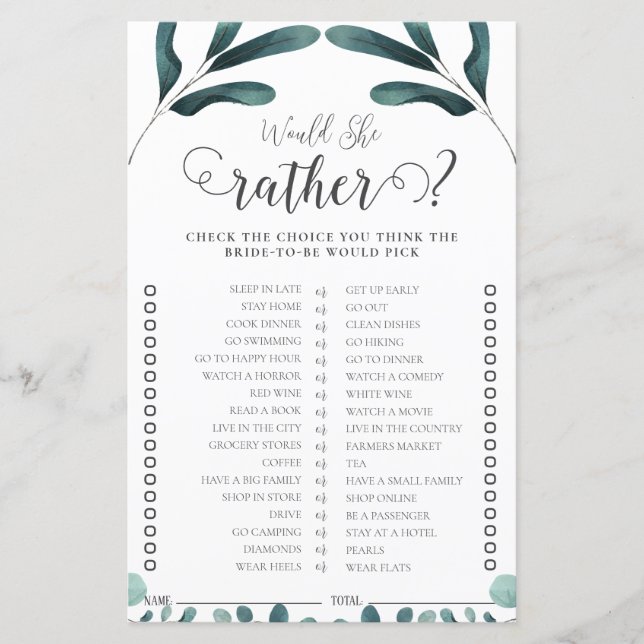 Provgrönska Eukalyptus Bröllopsduschspel (Framsida)