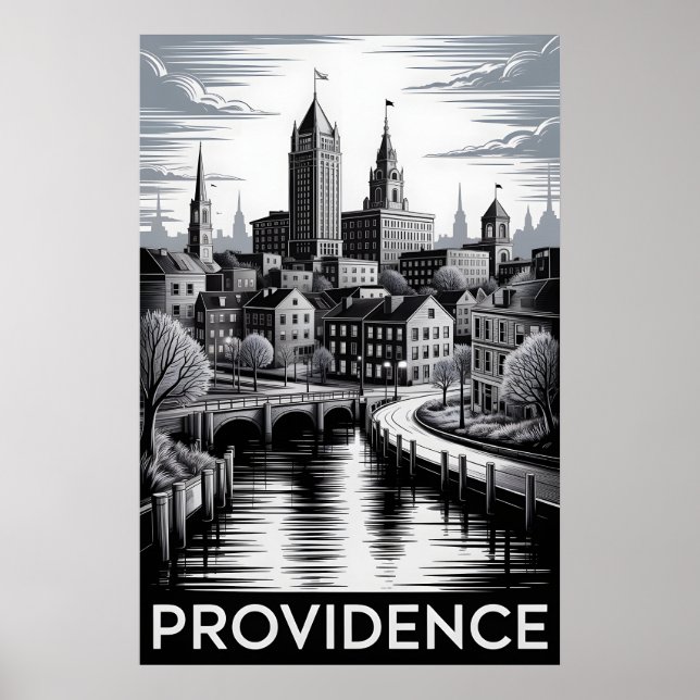 Providence Rhode Island Svart Vit Träsnitt Poster (Framsidan)