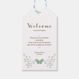 Provmönster blomster och fjäril välkommen presentetikett