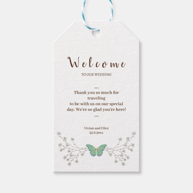 Provmönster blomster och fjäril välkommen presentetikett (Framsidan)
