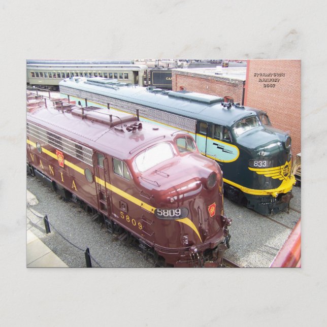 PRR E8A 5809 och ERIE E8A 833 vid Steamtown Vykort (Framsida)