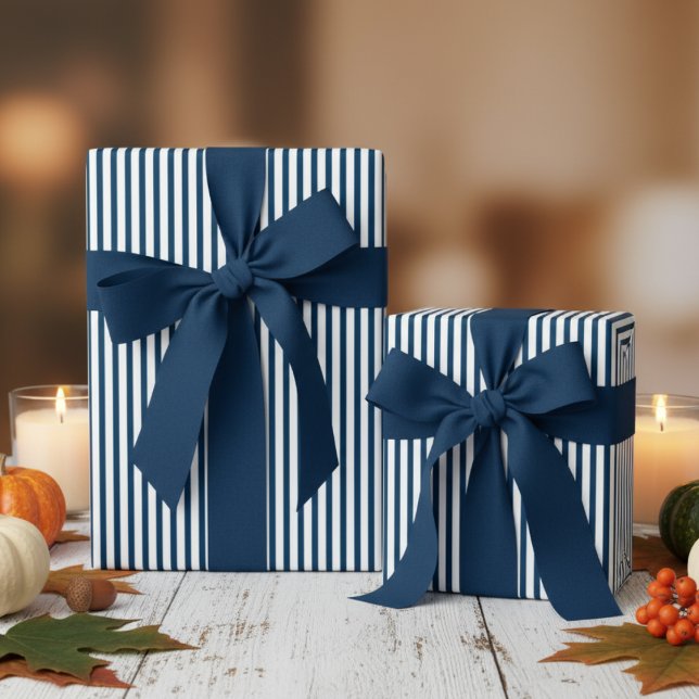 Prussian Blue and White Rand Mönster Presentpapper (Modern & Classic Prussian Blue Wrapping Paper. Trendy Prussian Blue & White Chic Stripes Pattern)