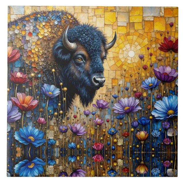Prydd Amerikansk Bison i blommor Kakelplatta (Framsidan)