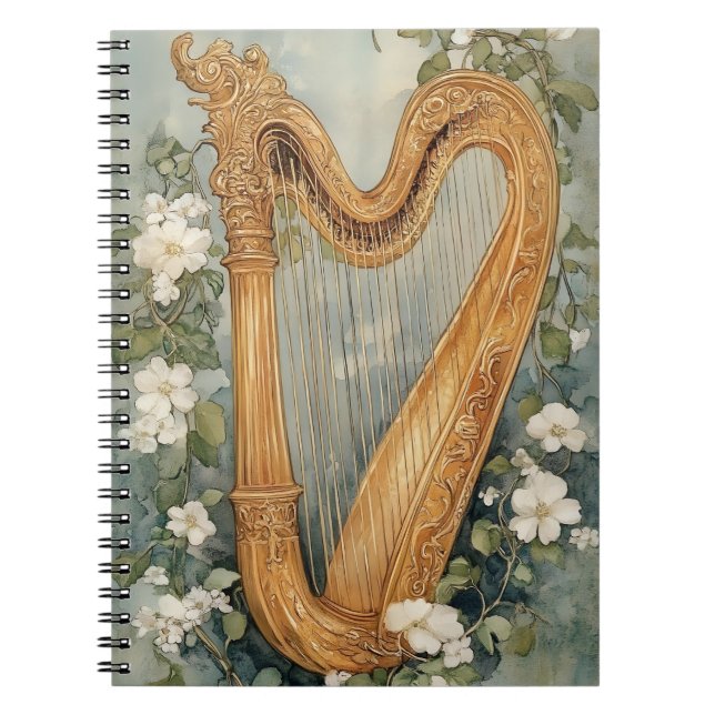 prydd harpa omgiven av vita blommor anteckningsbok (Framsidan)