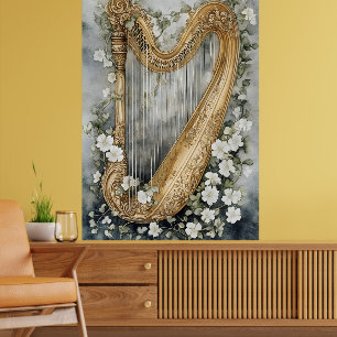 prydd harpa omgiven av vita blommor poster