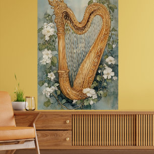 prydd harpa omgiven av vita blommor poster