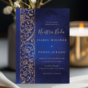 Pryddad blomster guld blå Nuestra Boda bröllop Inbjudningar