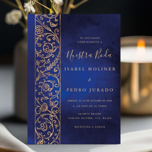 Pryddad blomster guld blå Nuestra Boda bröllop Inbjudningar (Skapare uppladdad)