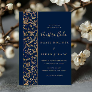 Pryddad blomster guld navy Nuestra Boda bröllop Inbjudningar
