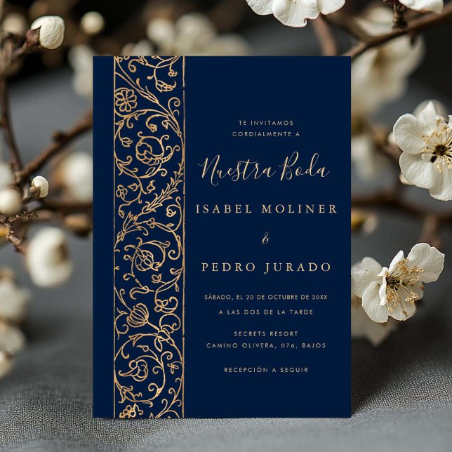 Pryddad blomster guld navy Nuestra Boda bröllop Inbjudningar (Skapare uppladdad)