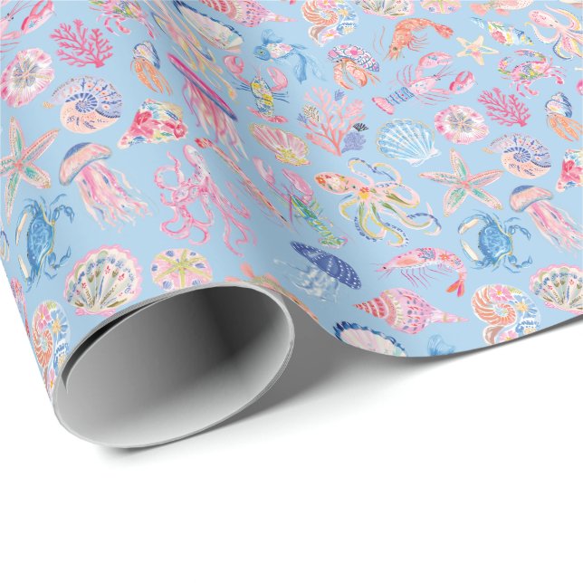 Prydlig Blommig Hav Vattenlevande Djur Presentpapper (Rullad Hörn)
