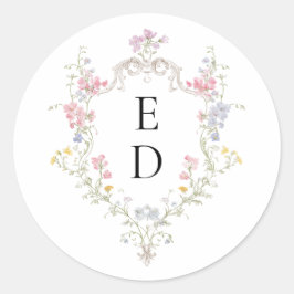 Prydlig Elegant Rokoko Blommig Vapen Monogram Runt Klistermärke