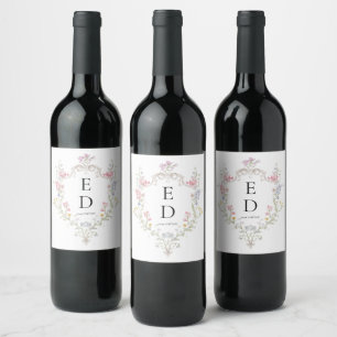 Prydlig Elegant Rokoko Blommig Vapen Monogram Vinflaska Etikett