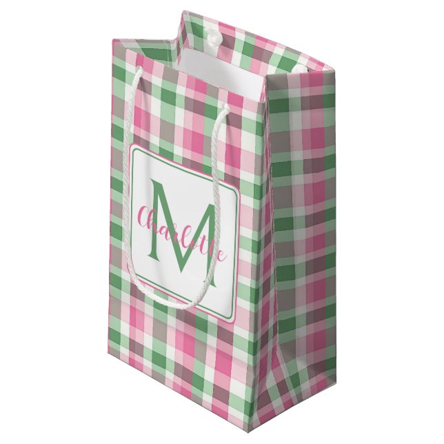 Prydlig rosa och grön rutig monogram (Framsidan Vinklad)