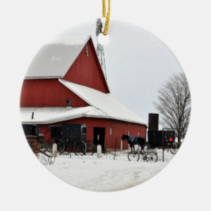 Prydnad för Amish röd ladugårdjul Julgransprydnad Keramik