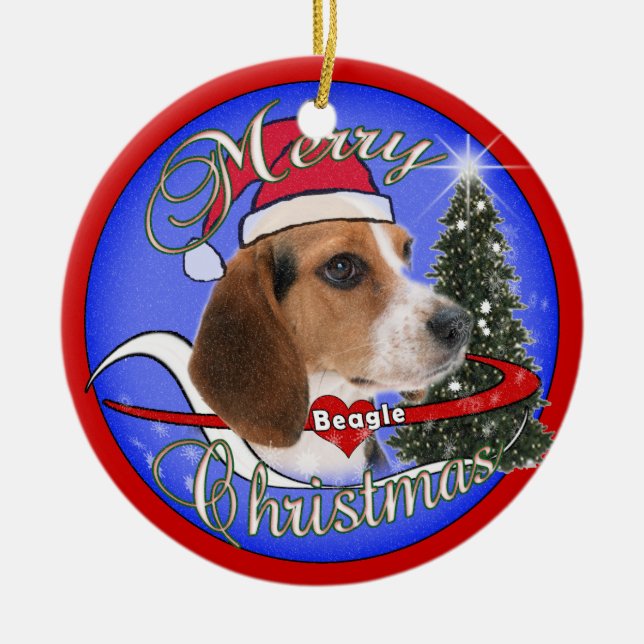 PRYDNAD FÖR BEAGLEHUNDJUL - SANTA HATT JULGRANSPRYDNAD KERAMIK (Framsidan)