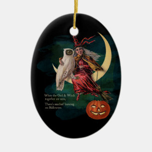 Prydnad för för vintageHalloween uggla och häxa Julgransprydnad Keramik