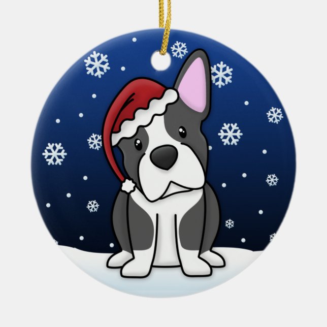 Prydnad för jul för Kawaii tecknadBoston Terrier Julgransprydnad Keramik (Framsidan)