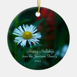 Prydnad för jul för vitdaisyvildblomma, runda julgransprydnad keramik