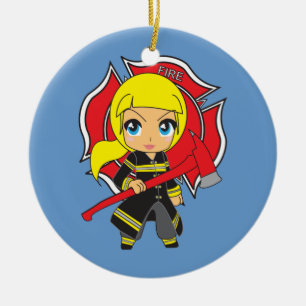 Prydnad för Kawaii blond brandmanflicka Julgransprydnad Keramik