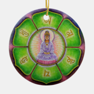 Prydnad för Kuan Yin "Om Mani Padme mummel" jul Julgransprydnad Keramik