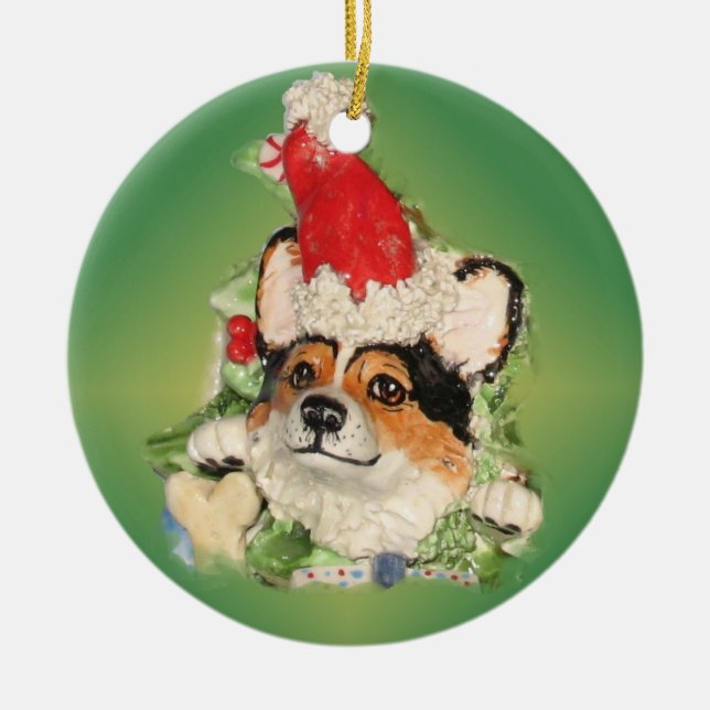 Prydnad för Tri-Färg Santa Corgi Julgransprydnad Keramik (Framsidan)