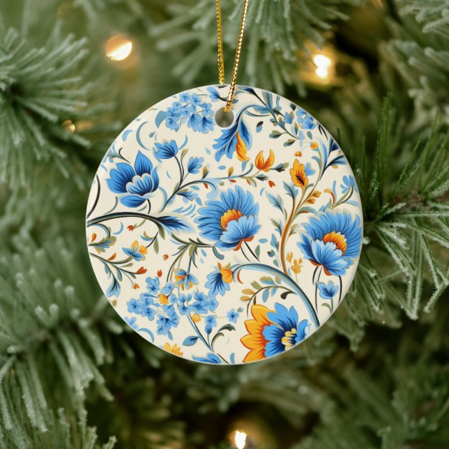Prydnad med invecklad blå och orange blomster  julgransprydnad keramik (Träd)