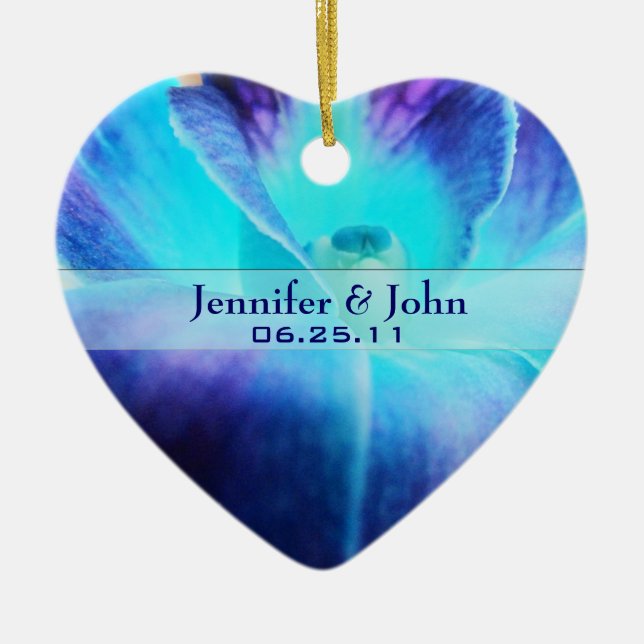 Prydnaden för blåttOrchidbröllop Julgransprydnad Keramik (Framsidan)