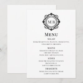 Prydnads Blommig Monogram Bröllopsmeny Svart Vitt Meny