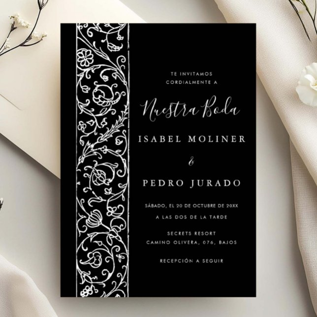 Prydnadsblommor Svart & Vitt Nuestra Boda Bröllop Inbjudningar (Skapare uppladdad)