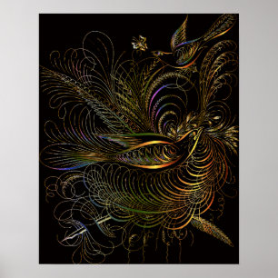 PRYDNADSFÅGLAR SVART GULD BOTANISK KONST POSTER
