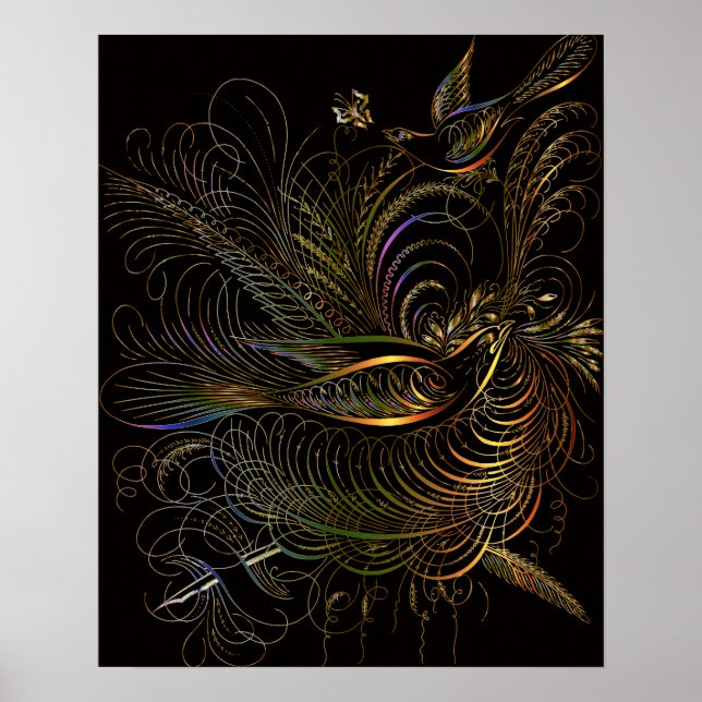 PRYDNADSFÅGLAR SVART GULD BOTANISK KONST POSTER (Framsidan)