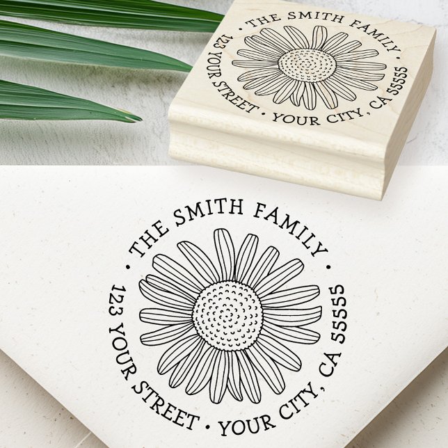 Prydnadsfont för returadress med tusenskönsblomma stämpel (Daisy flower whimsical font return address rubber stamp)