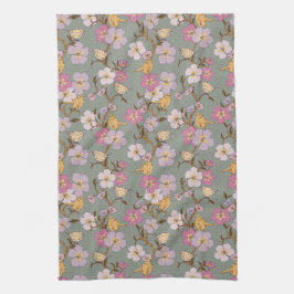 Prydnadsslingande blomster och köksduk med fåglar kökshandduk