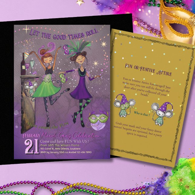 Prylande Mardi Gras Dansande Flickor Party Lila Inbjudningar (Fancy Mardi Gras Dancing Girls Party Purple Invitation)