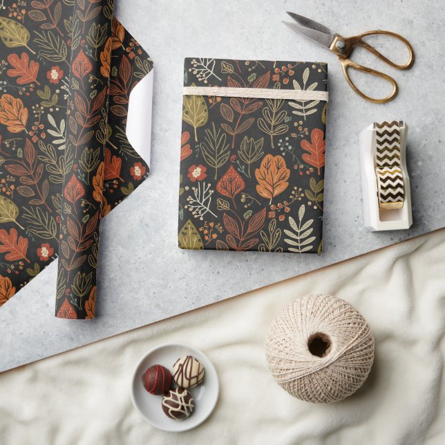 Prylar Boho Höstlöv på Svart Presentpapper (Hantverk)